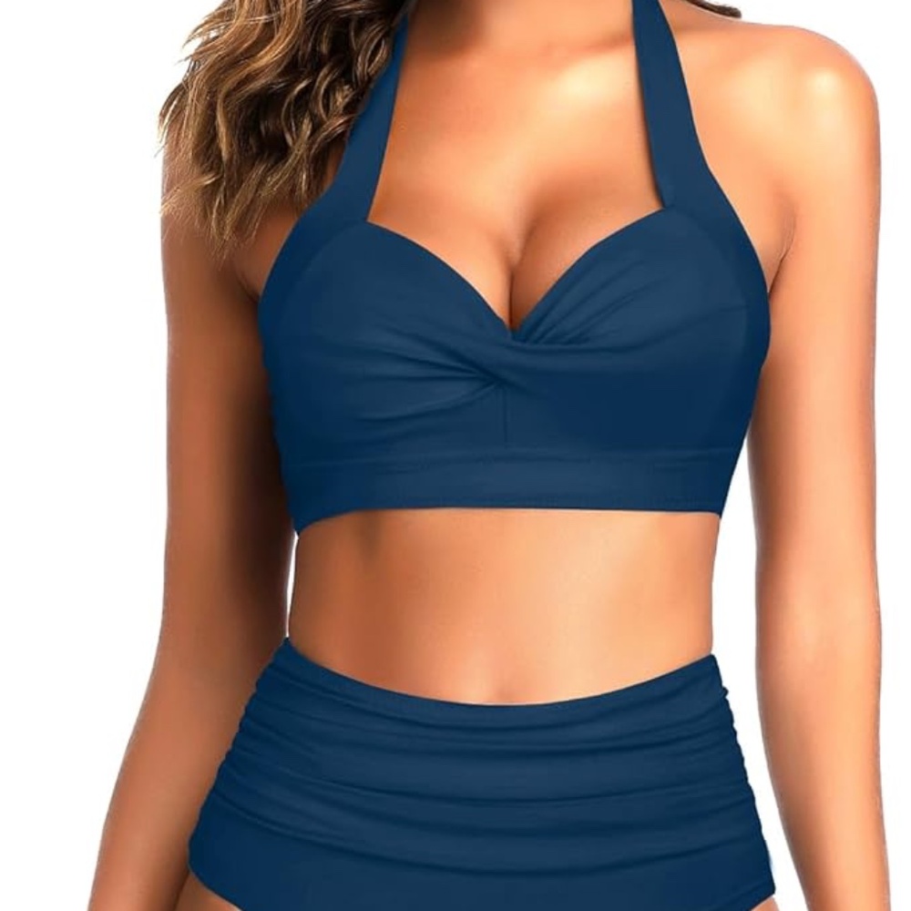 Tempt Me Women Two Piece Swimsuit Retro Halter Ruched High Waist Bikini XL